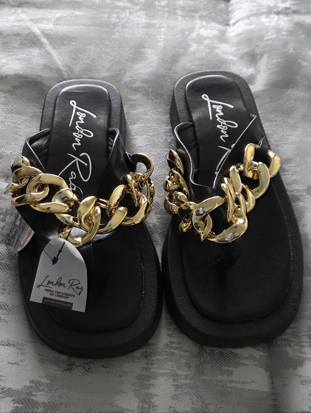 London Rag Black Thong Sandals with Gold Chain Detail